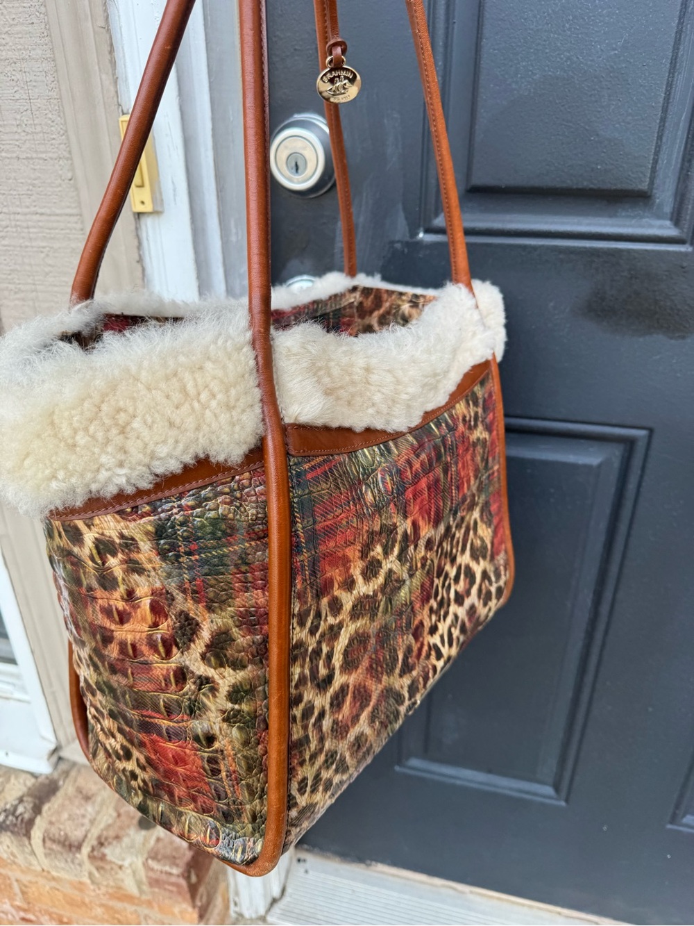 Brahmin Leopard Print Tote with Cream Shearling Trim